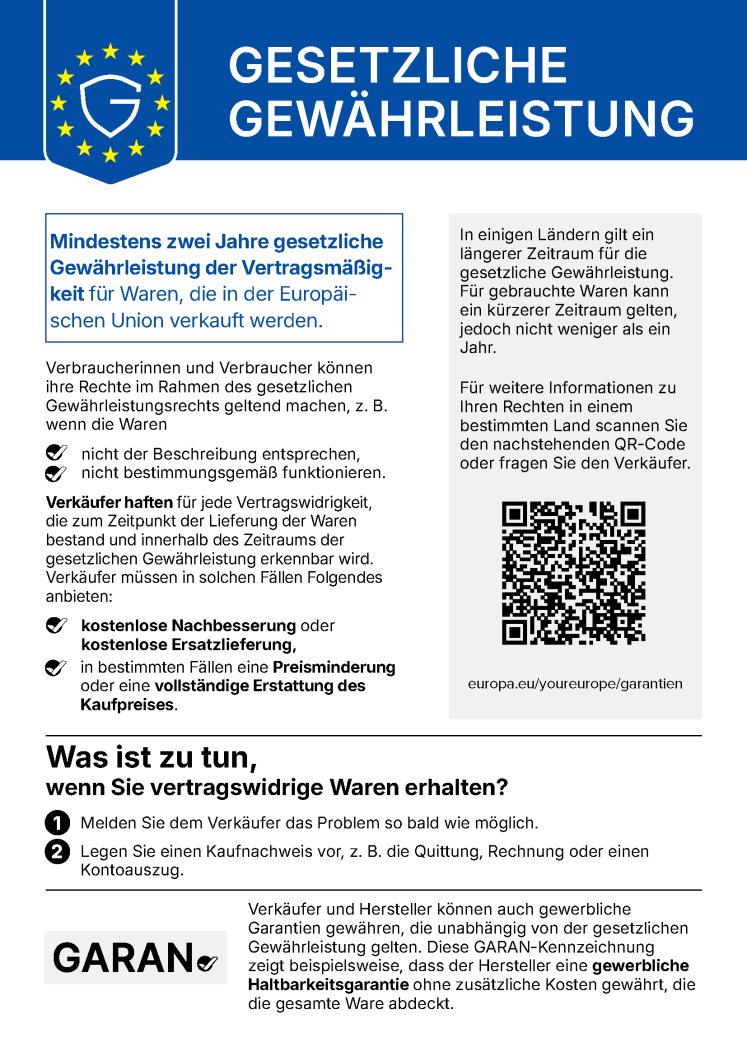 Gesetzliche Gewährleistung – Informationen zu Ihren Gewährleistungsrechten